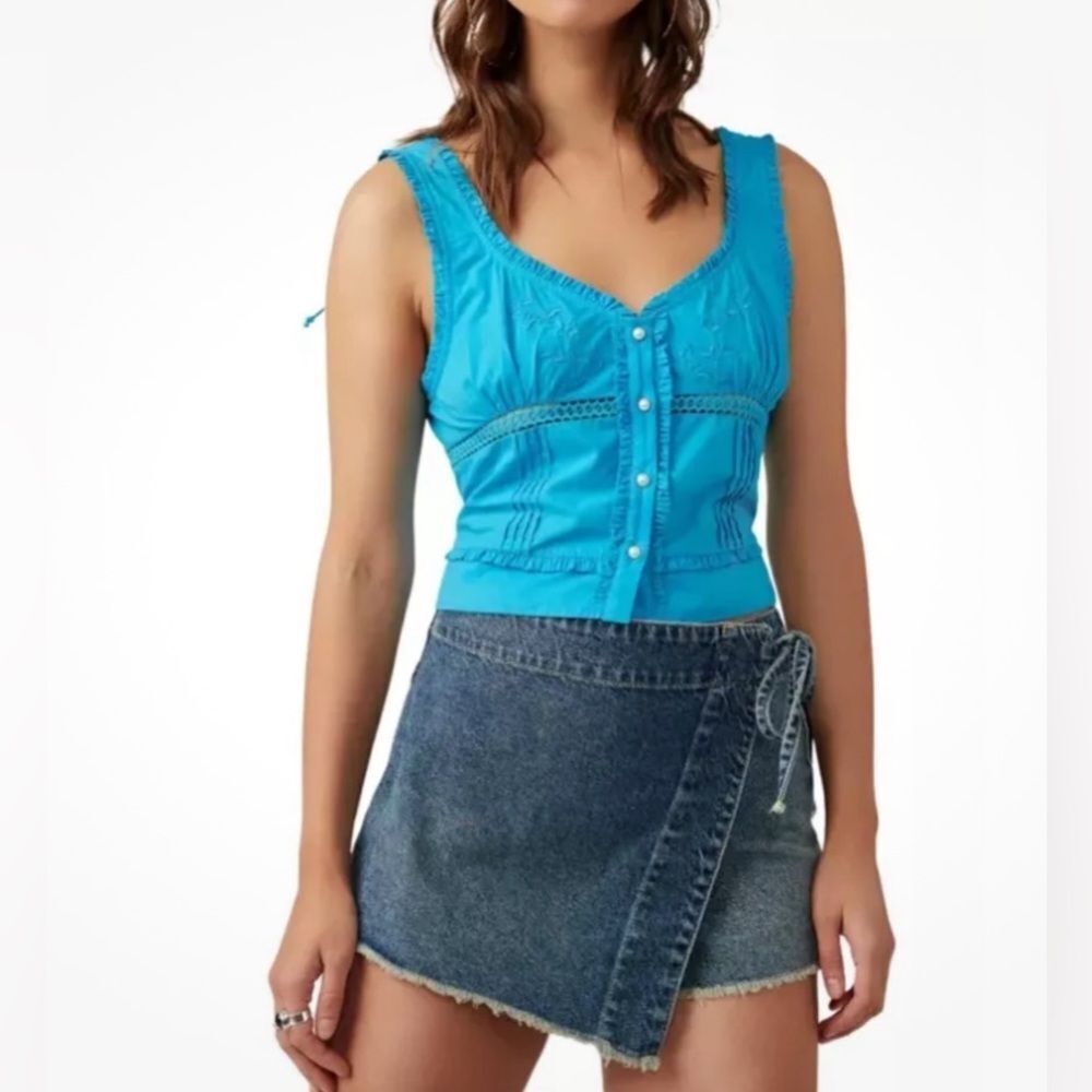 NWT Free People Kerry Crop Embroidered Lace Cotton Tank Blue Butterfly